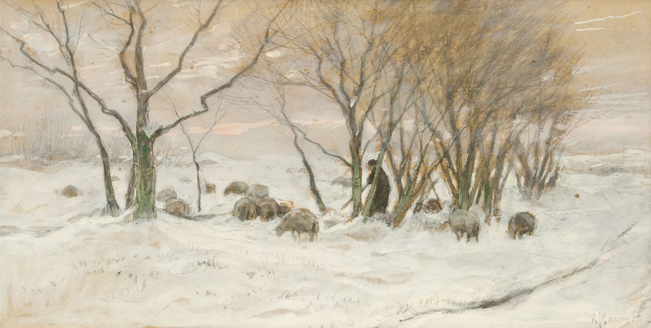 Mauve A.  | Anthonij 'Anton' Mauve | Aquarellen en tekeningen te koop aangeboden | Herder en schapen in de sneeuw, aquarel op papier 25,3 x 48,4 cm, gesigneerd rechtsonder