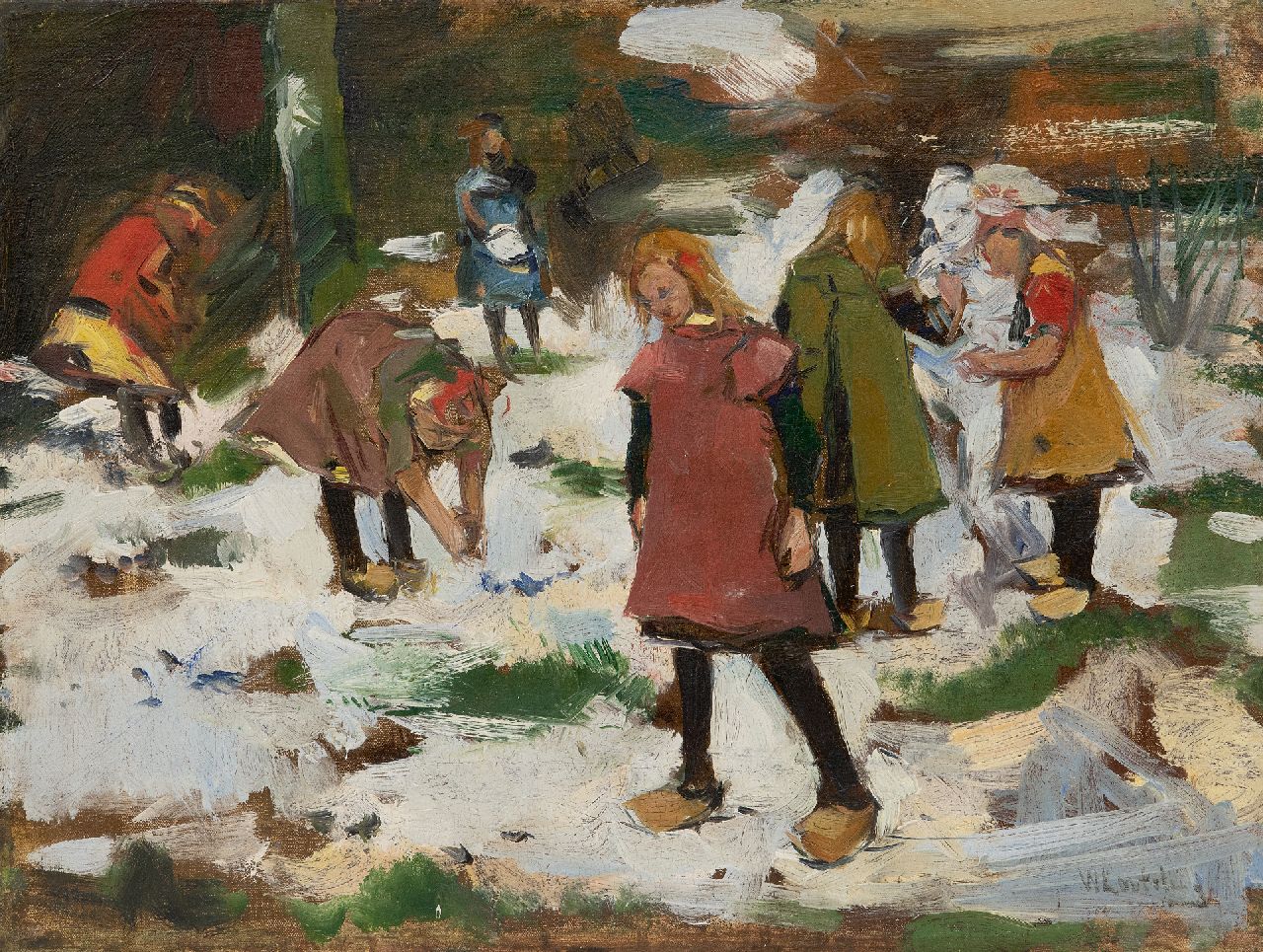 Korteling W.  | Willem Korteling, Spelende kinderen in de sneeuw, olieverf op doek 33,5 x 44,3 cm, gesigneerd rechtsonder