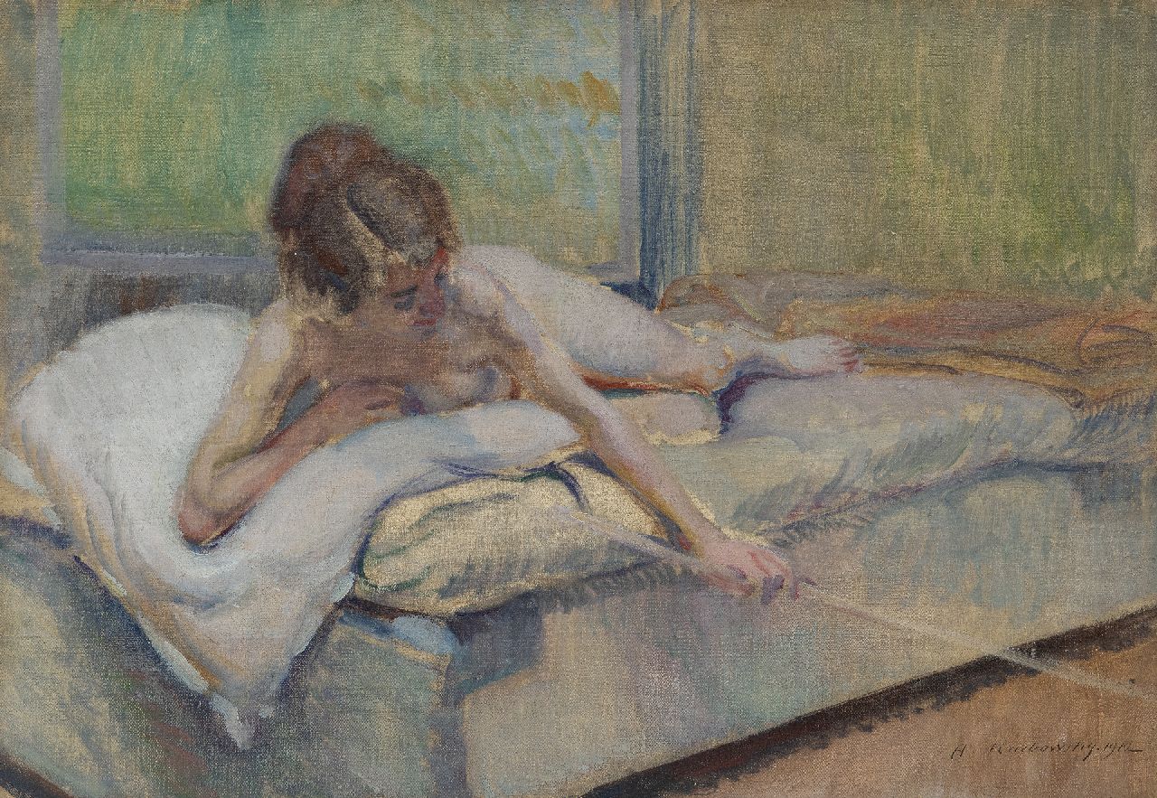 Karbowsky A.  | Adrien Karbowsky, Vrouwelijk naakt op een bed, olieverf op doek 38,3 x 55,1 cm, gesigneerd rechtsonder en gedateerd 1912