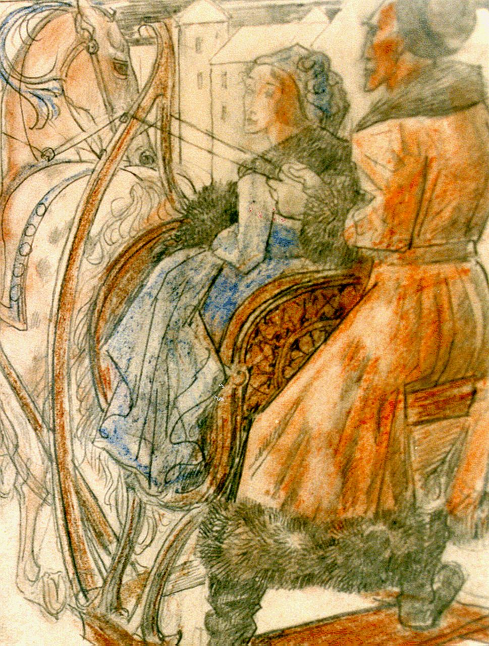 Konijnenburg W.A. van | Willem Adriaan van Konijnenburg, Arrenslee, gemengde techniek op papier 11,5 x 9,0 cm, gesigneerd monogram. middenonder