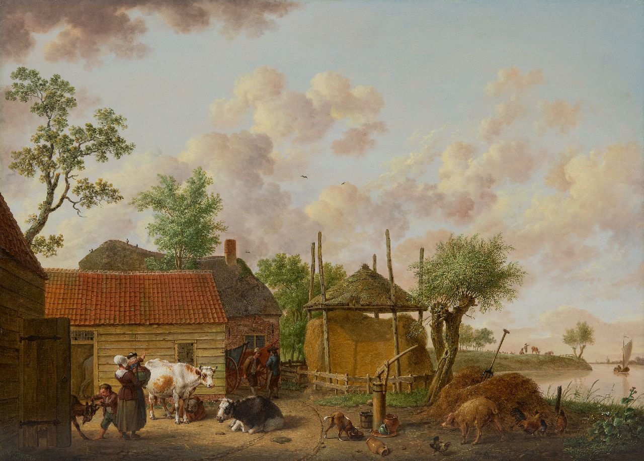 Isaac Ouwater | Boerenerf, olieverf op paneel, 42,8 x 60,2 cm, gesigneerd r.o. I OW