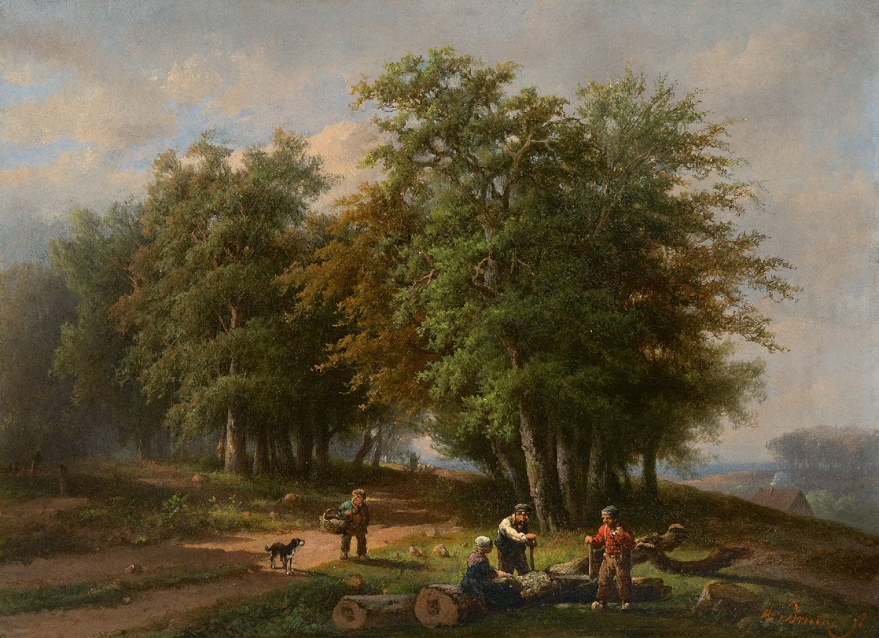 Bruïne A.H. de | Adrianus Hendrikus de Bruïne | Schilderijen te koop aangeboden | Houthakkers en landvolk op een bospad, olieverf op doek 35,8 x 47,9 cm, gesigneerd rechtsonder