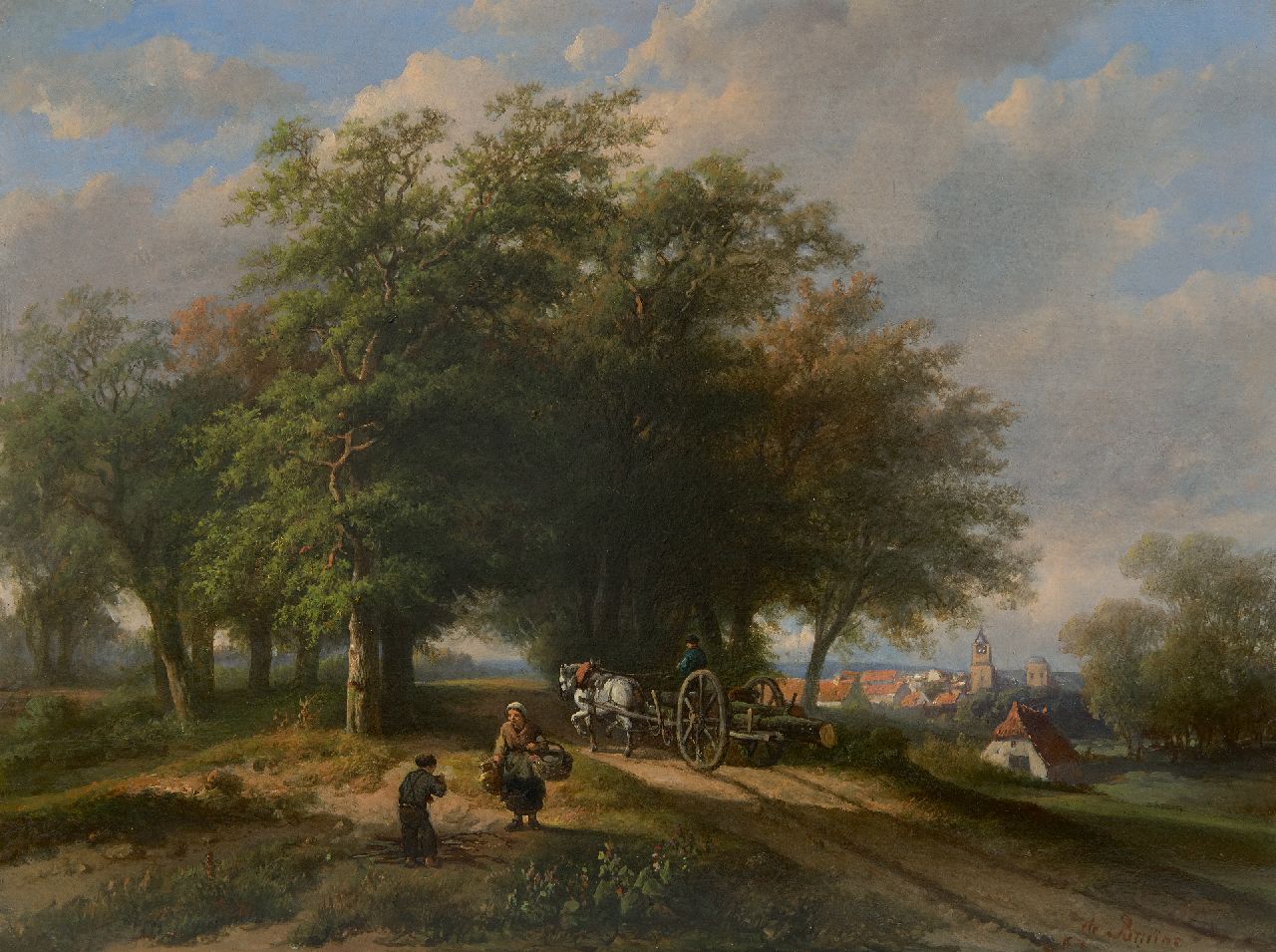 Bruïne A.H. de | Adrianus Hendrikus de Bruïne | Schilderijen te koop aangeboden | Landvolk op zonnige landweg, olieverf op paneel 35,8 x 47,9 cm, gesigneerd rechtsonder