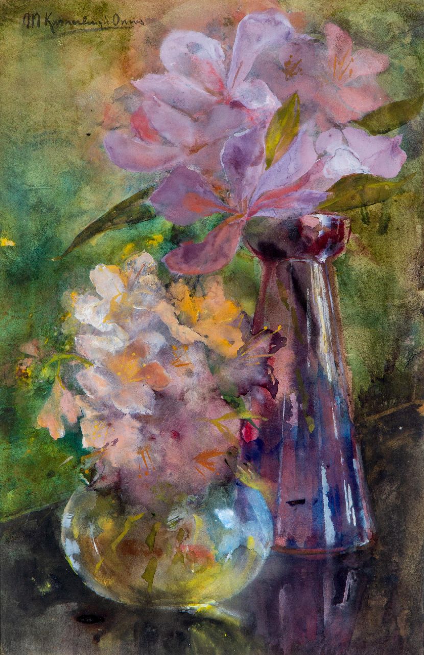 Kamerlingh Onnes M.  | Menso Kamerlingh Onnes, Glazen vazen met bloeiende takken, gouache op papier 48,3 x 31,5 cm, gesigneerd linksboven
