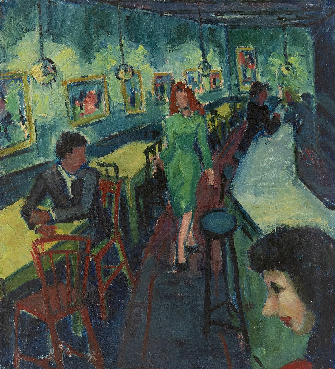 Rien Goené | Café in Parijs, olieverf op doek, 45,3 x 40,2 cm, gesigneerd r.o. met initialen en te dateren 1957