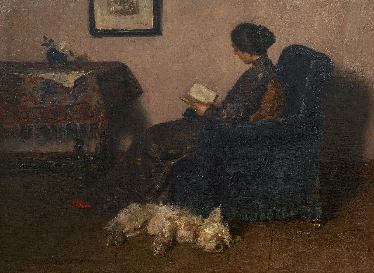 Zoetelief Tromp J.  | Johannes 'Jan' Zoetelief Tromp | Schilderijen te koop aangeboden | De vrouw van de schilder, lezend, met hun hond Billie, olieverf op doek 41,5 x 55,5 cm, gesigneerd linksonder