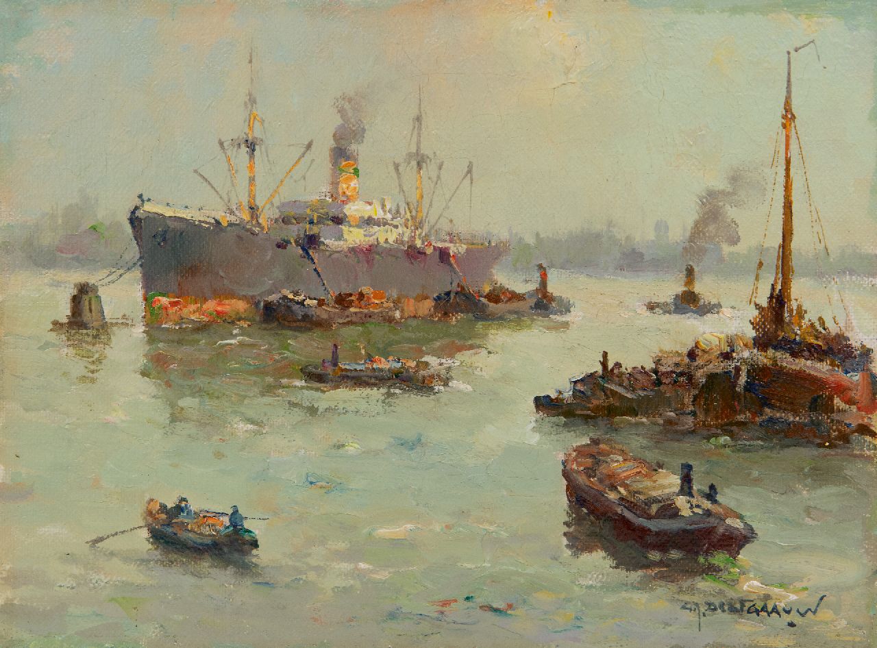 Gerard Delfgaauw | Scheepvaart bij Rotterdam (mogelijk de Waalhaven), olieverf op doek, 18,8 x 24,7 cm, gesigneerd r.o.
