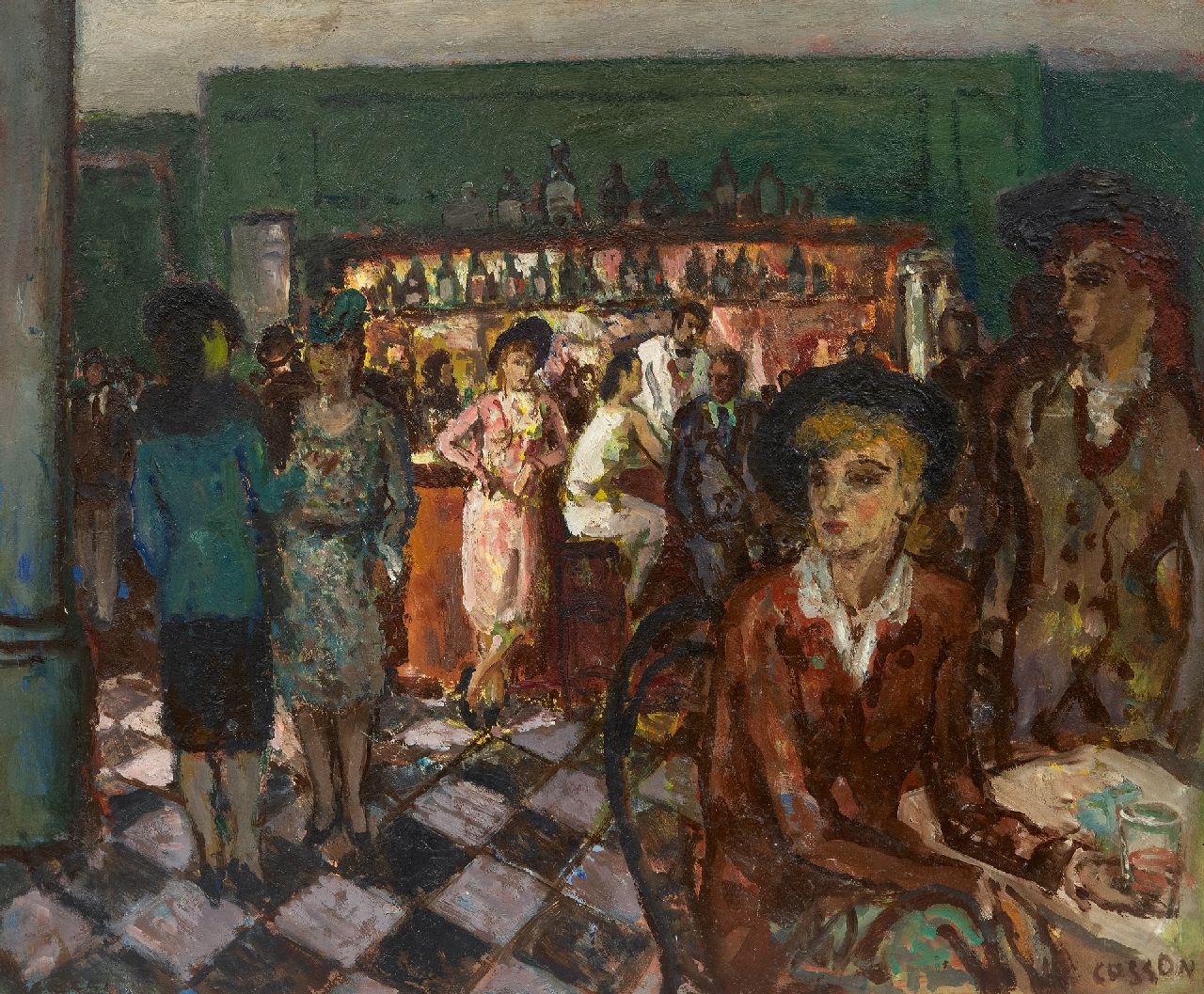 Cosson J.L.M.  | Jean Louis 'Marcel' Cosson | Schilderijen te koop aangeboden | In het café, olieverf op board 38,0 x 45,8 cm, gesigneerd rechtsonder