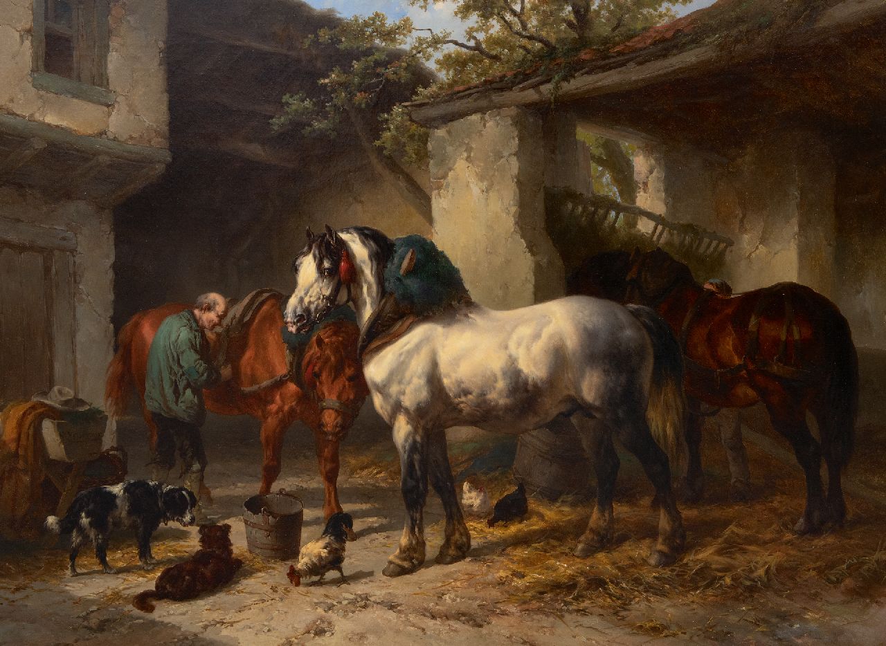 Verschuur W.  | Wouterus Verschuur | Schilderijen te koop aangeboden | Paarden bij de stal, olieverf op doek 76,3 x 106,2 cm, gesigneerd linksonder