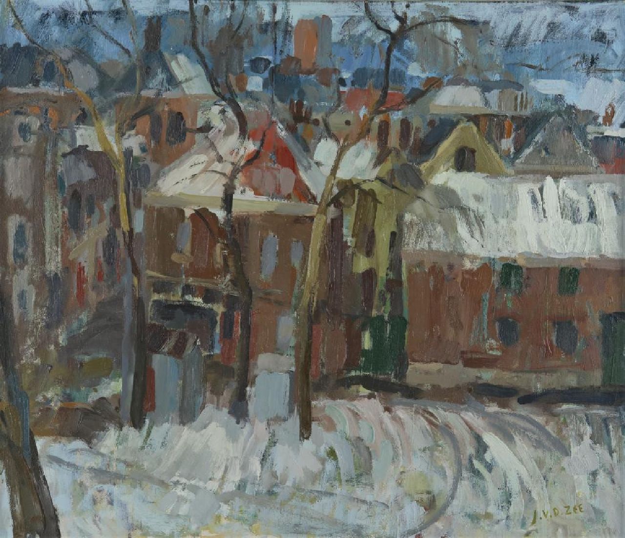 Zee J. van der | Jan van der Zee | Schilderijen te koop aangeboden | Stadsgezicht Groningen in de sneeuw  i.o., olieverf op doek 59,8 x 70,1 cm, gesigneerd rechtsonder