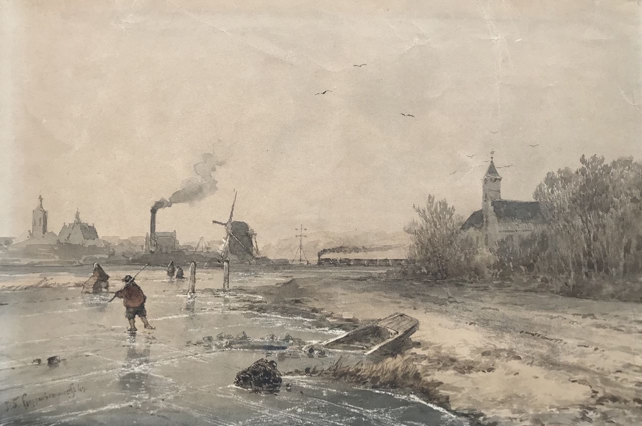 Hoppenbrouwers J.F. | Johannes Franciscus Hoppenbrouwers | Aquarellen en tekeningen te koop aangeboden | Winterlandschap met spoorlijn bij Den Haag, penseel en inkt op papier 18,8 x 27,9 cm, gesigneerd linksonder en gedateerd '49 Hoppenbrouwers J.F. | Johannes Franciscus Hoppenbrouwers | Aquarellen en tekeningen te koop aangeboden | Winterlandschap met spoorlijn bij Den Haag, penseel en inkt op papier 18,8 x 27,9 cm, gesigneerd linksonder en gedateerd '49