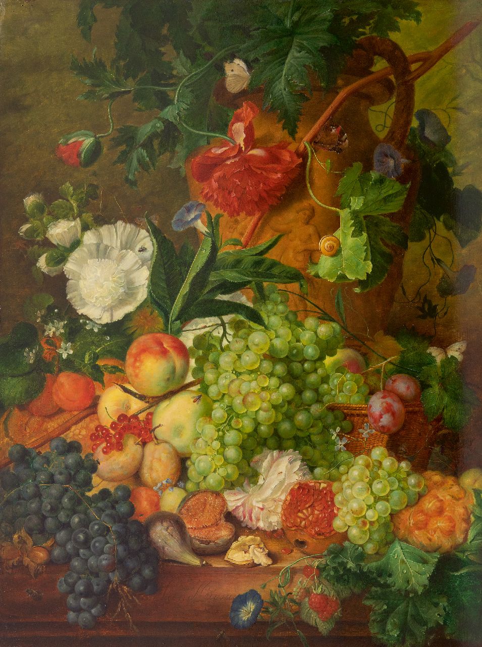 Kuipers C.  | Cornelis Kuipers | Schilderijen te koop aangeboden | Stilleven van bloemen en vruchten, olieverf op paneel 78,2 x 58,5 cm, gesigneerd middenonder met Jan Van Huysum