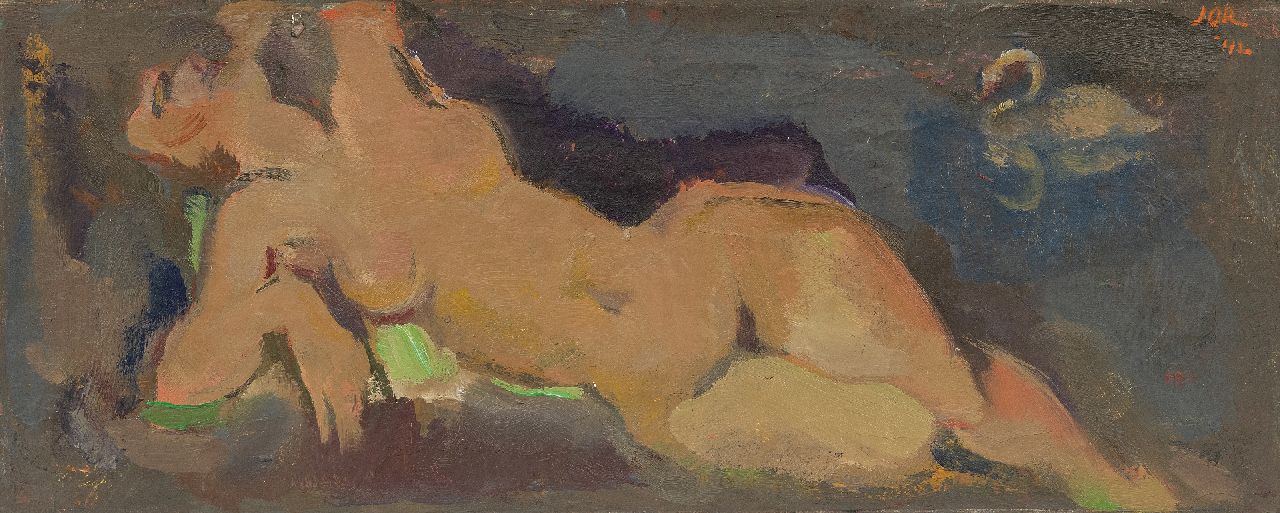 Jan Jordens | Liggend naakt (Leda en de zwaan), olieverf op doek, 20,9 x 50,6 cm, gesigneerd r.b. en gedateerd '42