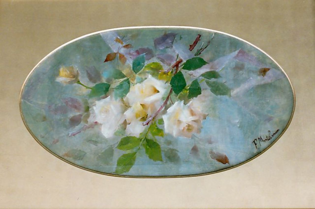 Mortelmans F.  | Franz Mortelmans, Stilleven met gele rozen, olieverf op doek 42,5 x 75,5 cm, gesigneerd rechtsonder