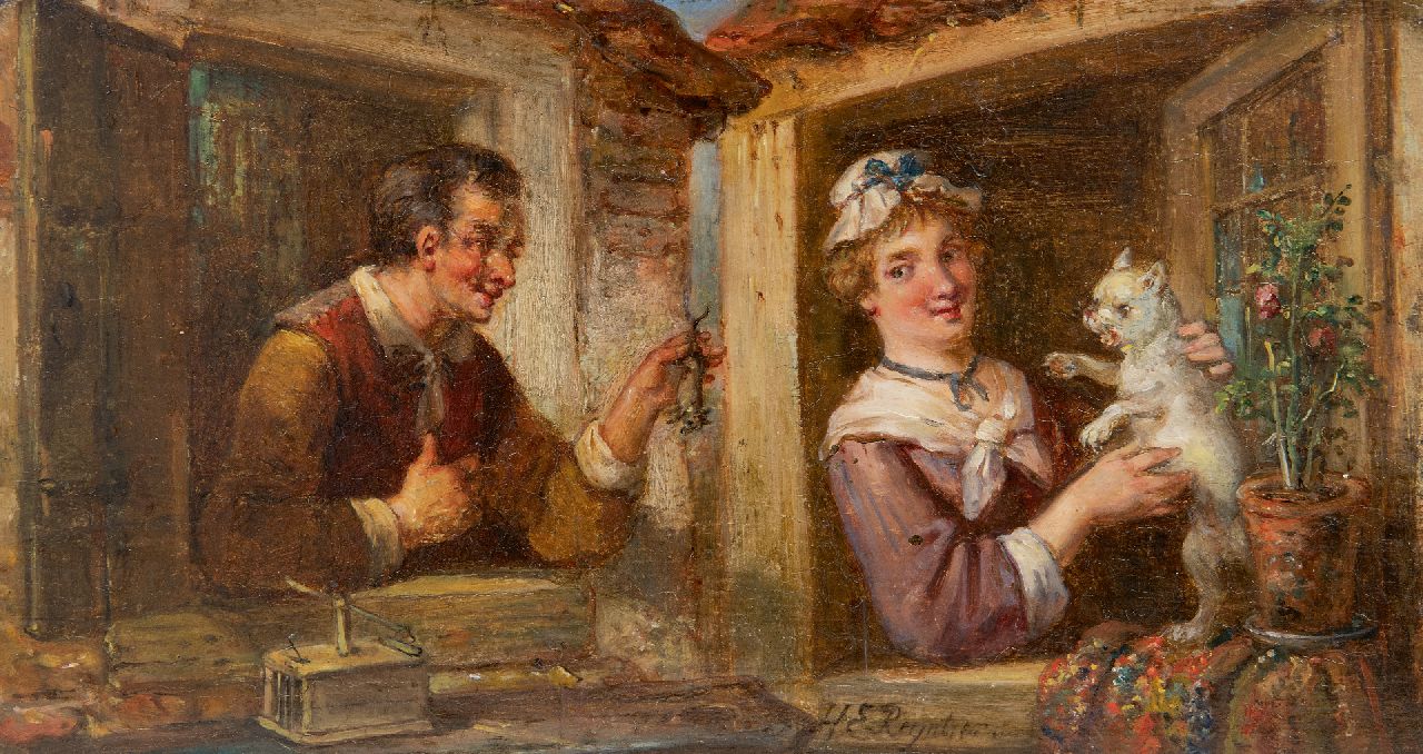 Reijntjens H.E.  | Henricus Engelbertus Reijntjens, Het kat-en-muisspel, olieverf op paneel 15,0 x 28,1 cm, gesigneerd middenonder