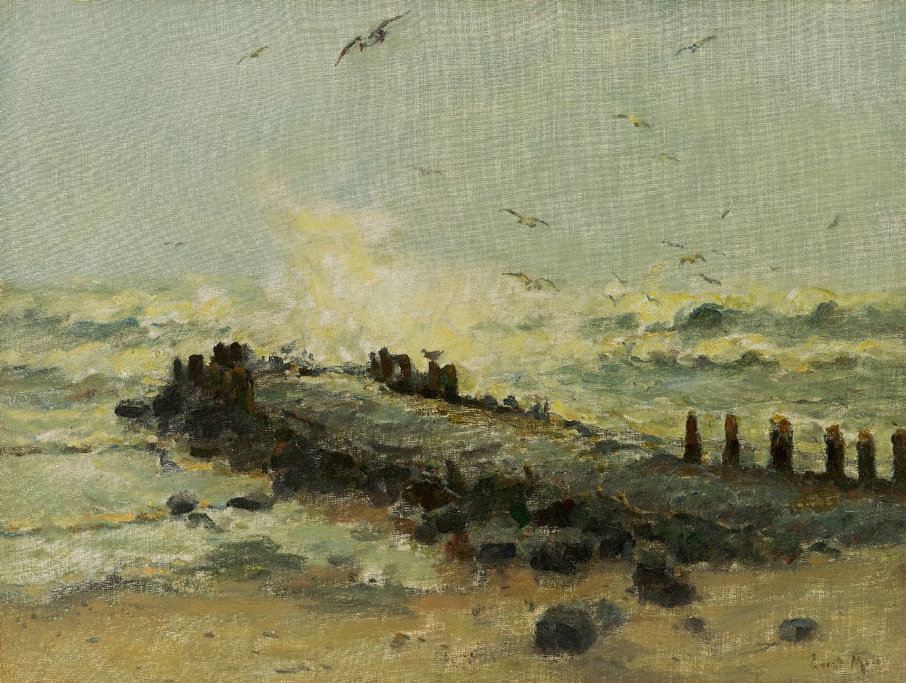 Moll E.  | Evert Moll | Schilderijen te koop aangeboden | Golfbreker in een storm, olieverf op doek 39,0 x 51,4 cm, gesigneerd rechtsonder