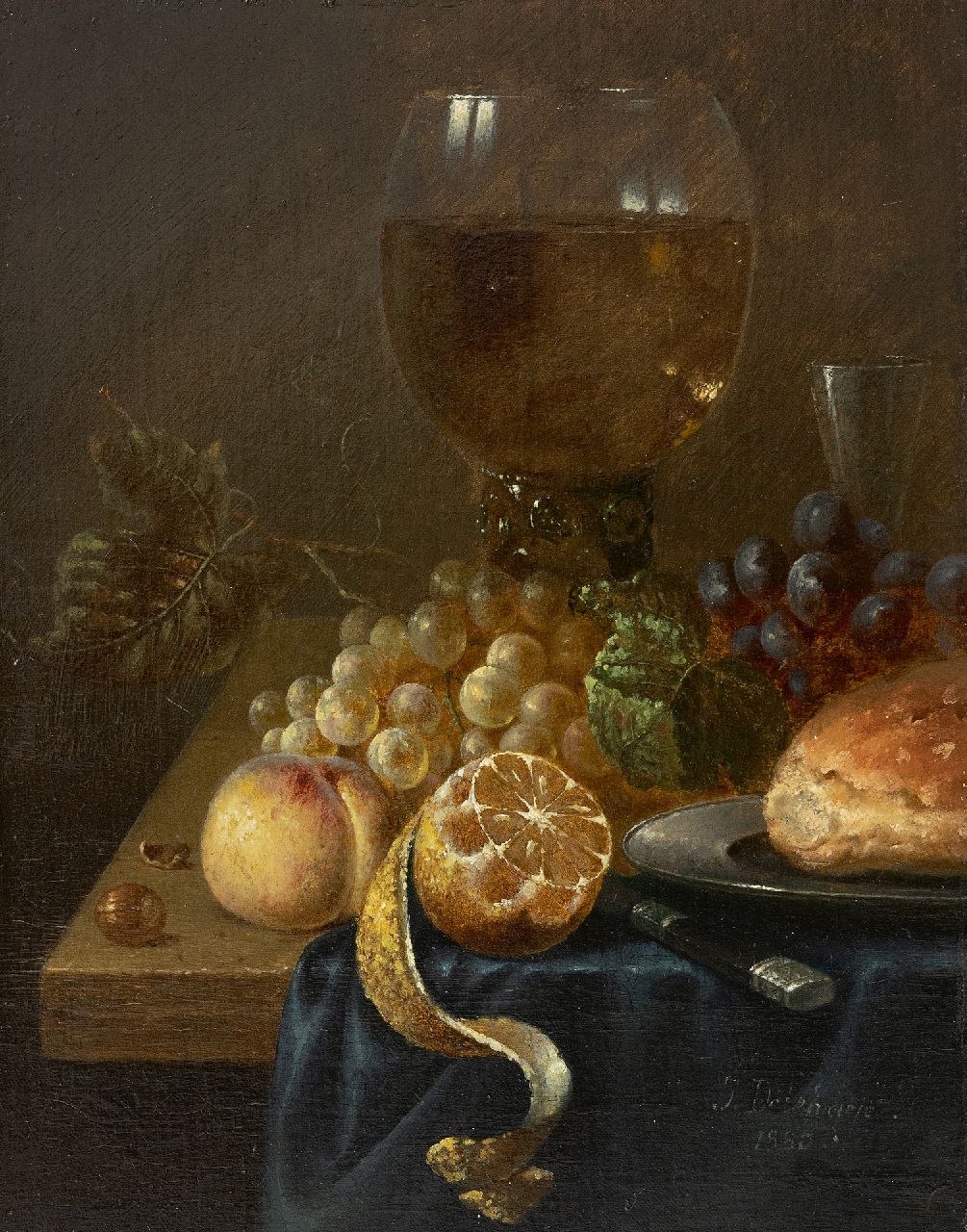 Jos Delehaye | Stilleven met roemer, druiven, citroen en tinnen schotel, olieverf op doek, 26,9 x 21,2 cm, gesigneerd r.o. en gedateerd 1880