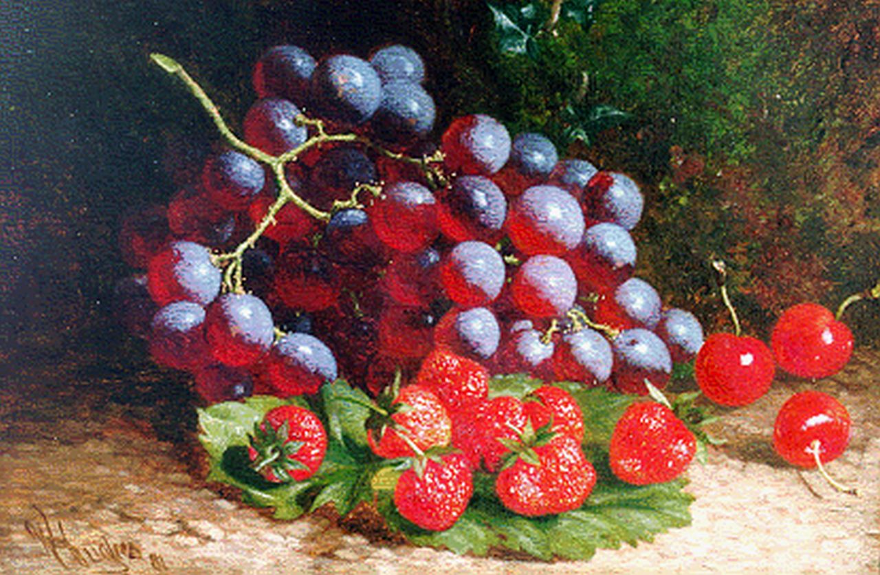 Hughes W.  | William Hughes, Stilleven met aardbeien en druiven, olieverf op doek 20,0 x 30,2 cm, gesigneerd linksonder en gedateerd '81