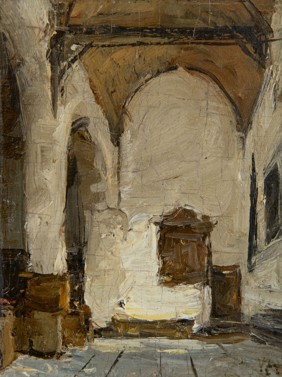Bosboom J.  | Johannes Bosboom | Schilderijen te koop aangeboden | Kerkinterieur, olieverf op paneel 12,0 x 9,1 cm, gesigneerd rechtsonder met initialen