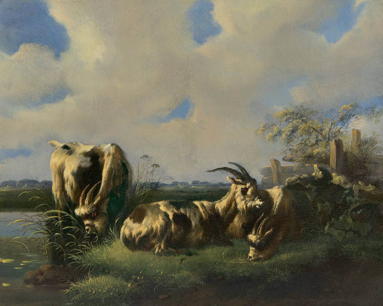 Verhoesen A.  | Albertus Verhoesen | Schilderijen te koop aangeboden | Drie Nederlandse landgeiten in de wei, olieverf op paneel 27,0 x 34,3 cm, gesigneerd rechtsonder