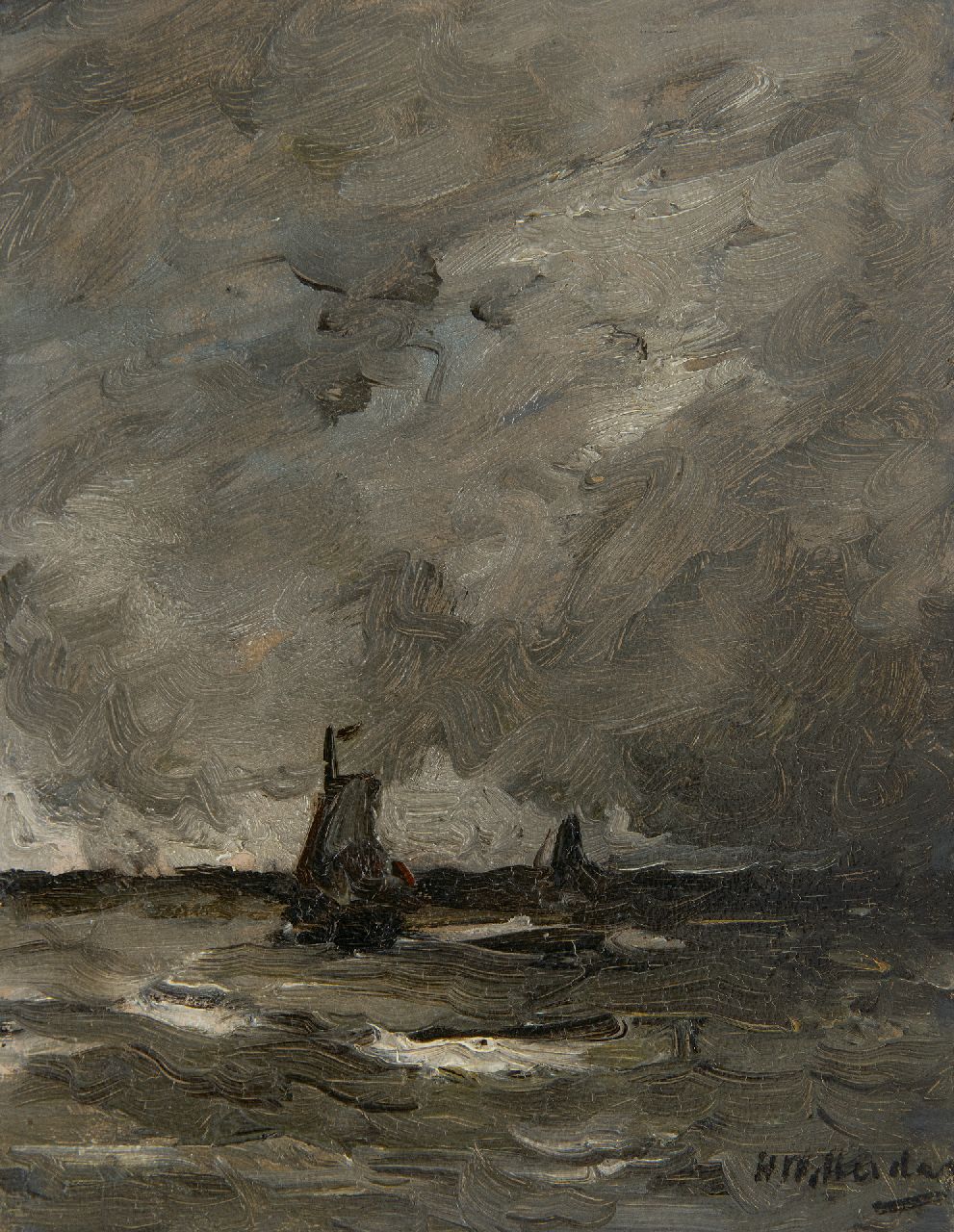 Mesdag H.W.  | Hendrik Willem Mesdag | Schilderijen te koop aangeboden | Scheepjes in onweerstemming, olieverf op paneel 19,0 x 15,0 cm, gesigneerd rechtsonder