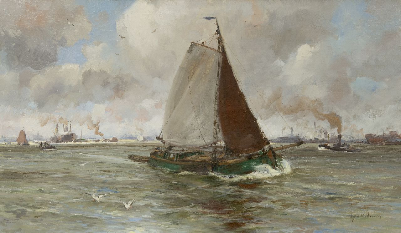 August van Voorden | Beurtschip op de Maas, olieverf op doek, 57,6 x 97,9 cm, gesigneerd r.o.