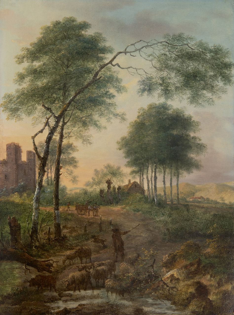 Nijmegen G. van | Gerard van Nijmegen | Schilderijen te koop aangeboden | Herder met schapen bij een beek, olieverf op paneel 46,2 x 34,5 cm, gesigneerd linksonder en gedateerd 1785