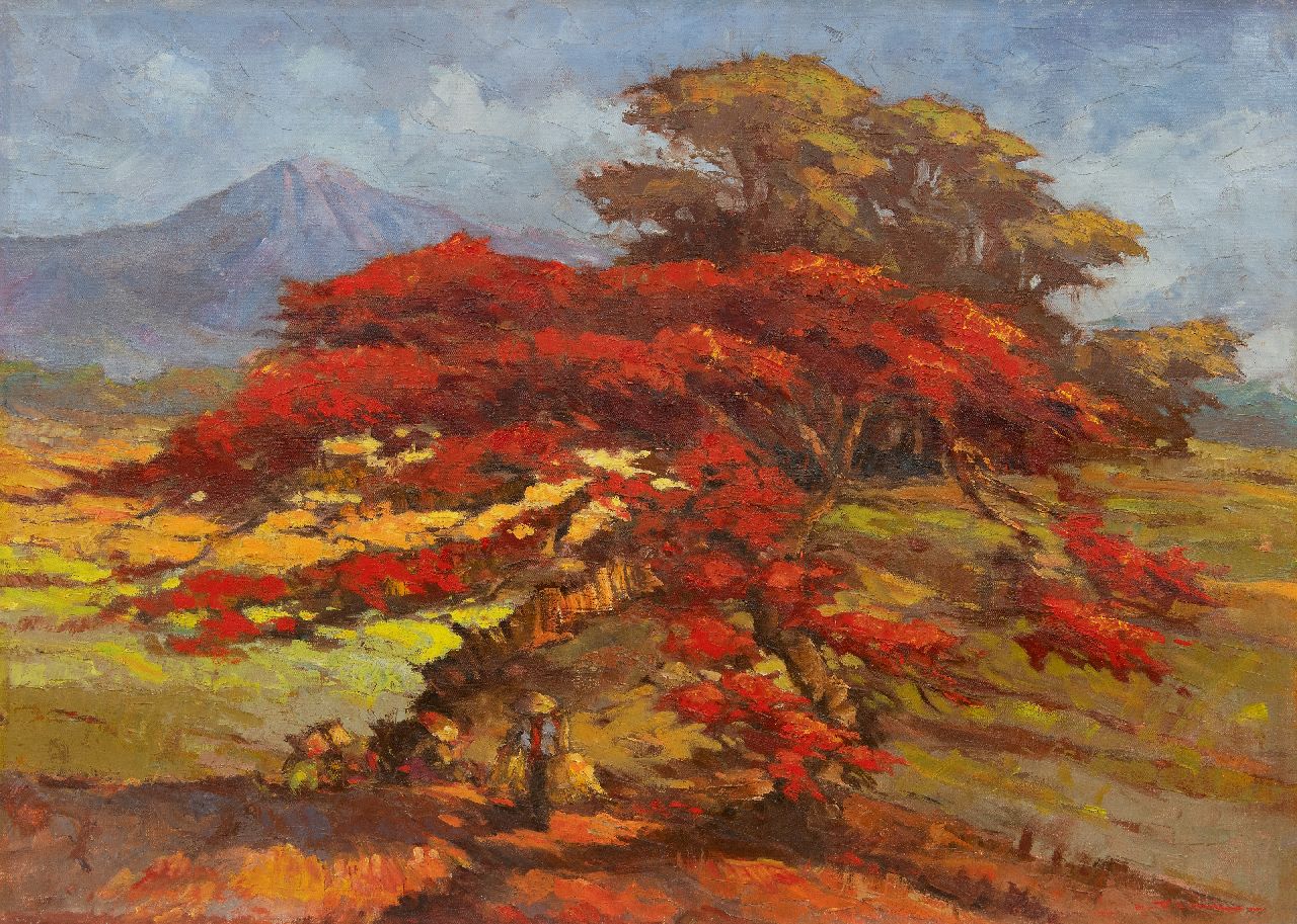 Ohl L.F.  | Lucien 'Frits' Ohl | Schilderijen te koop aangeboden | Indonesisch landschap met bloeiende Flamboyant, olieverf op doek 68,3 x 95,3 cm, gesigneerd rechtsonder en zonder lijst