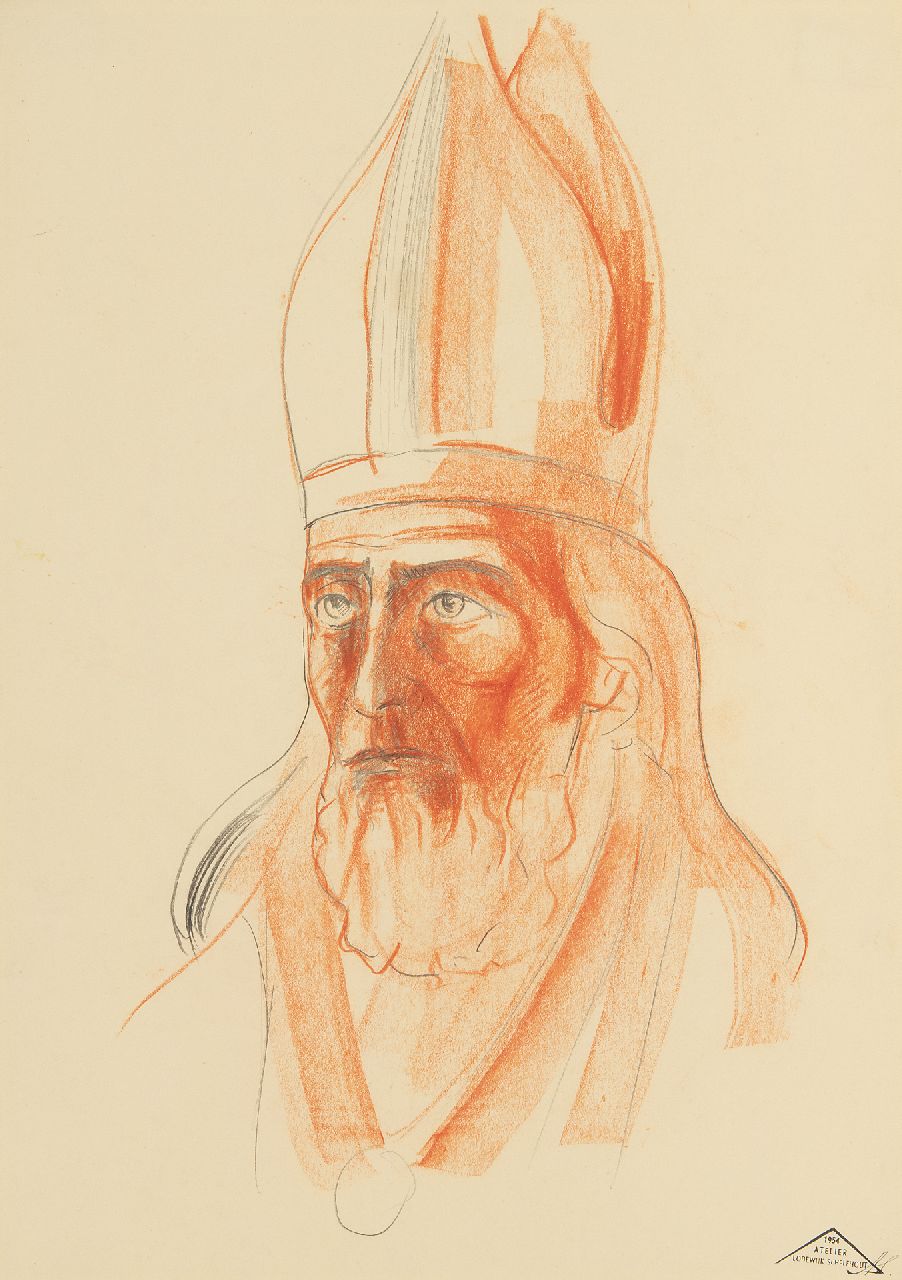 Schelfhout L.  | Lodewijk Schelfhout | Aquarellen en tekeningen te koop aangeboden | Portret van een heilige met mijter, potlood en krijt op papier 34,0 x 20,0 cm