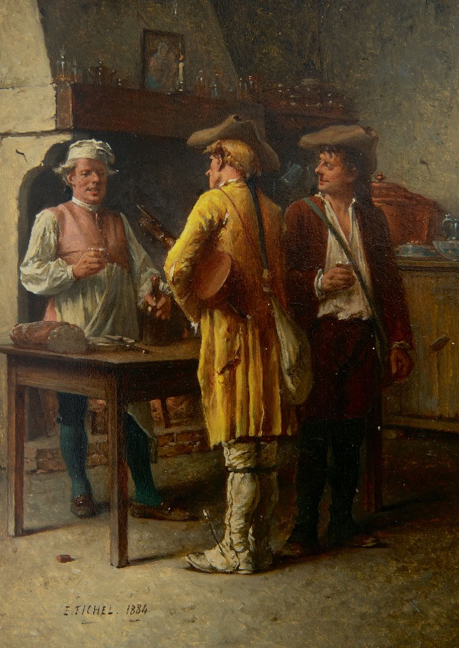 Fichel B.E.  | Benjamin 'Eugène' Fichel | Schilderijen te koop aangeboden | Pauze in de herberg, olieverf op paneel 22,0 x 15,7 cm, gesigneerd linksonder en gedateerd 1884