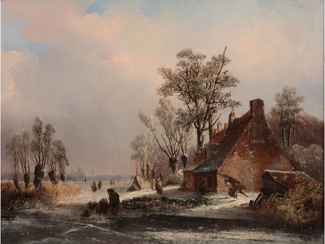 Jansen J.M.  | Johannes Mauritz Jansen | Schilderijen te koop aangeboden | Winterlandschap met boerderij en schaatsers, olieverf op doek 35,1 x 45,5 cm, gesigneerd rechtsonder