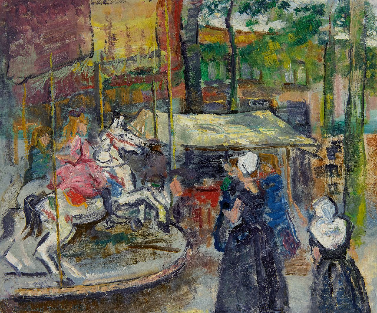 Góth C.  | Charlotte 'Sarika' Góth | Schilderijen te koop aangeboden | De kermis in Domburg, olieverf op papier op board 30,5 x 36,7 cm, gesigneerd rechtsonder en gedateerd Juli 1921