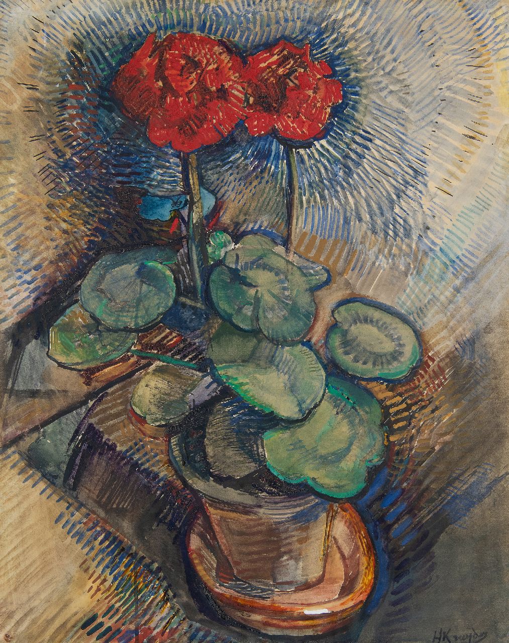 Kruyder H.J.  | 'Herman' Justus Kruyder | Aquarellen en tekeningen te koop aangeboden | Rode geranium, gouache op papier 64,6 x 49,9 cm, gesigneerd rechtsonder