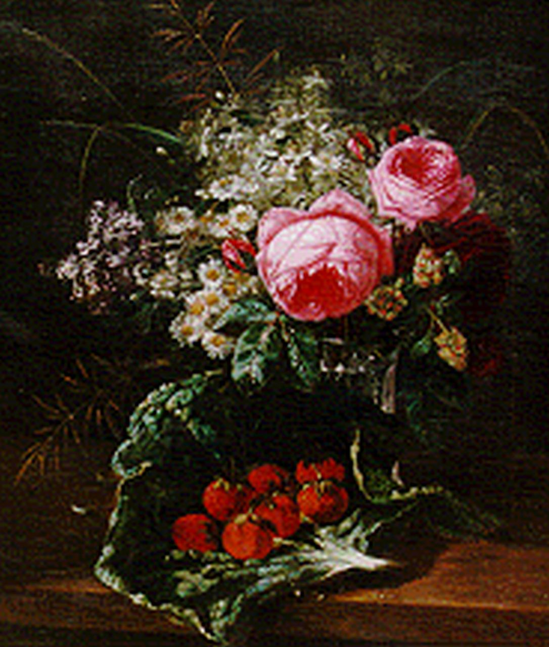 Huygens F.J.  | 'François' Joseph Huygens, Stilleven met pioenrozen, veldbloemen en aardbeien, olieverf op doek 50,7 x 44,0 cm, gesigneerd rechtsonder