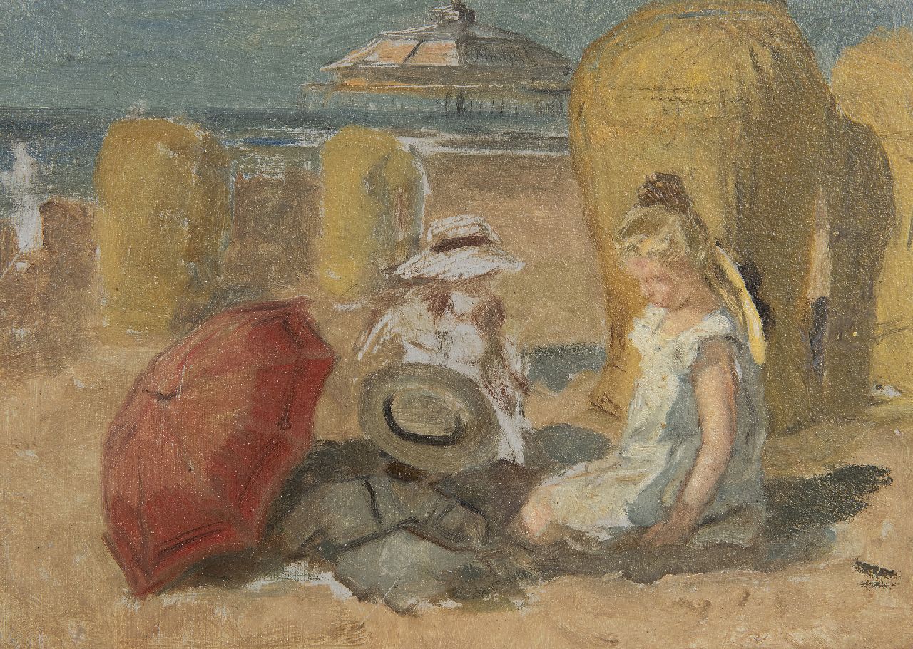 Jonge J.A. de | Johan Antoni de Jonge | Schilderijen te koop aangeboden | Kinderen op het strand van Scheveningen, olieverf op schildersboard 16,0 x 22,0 cm