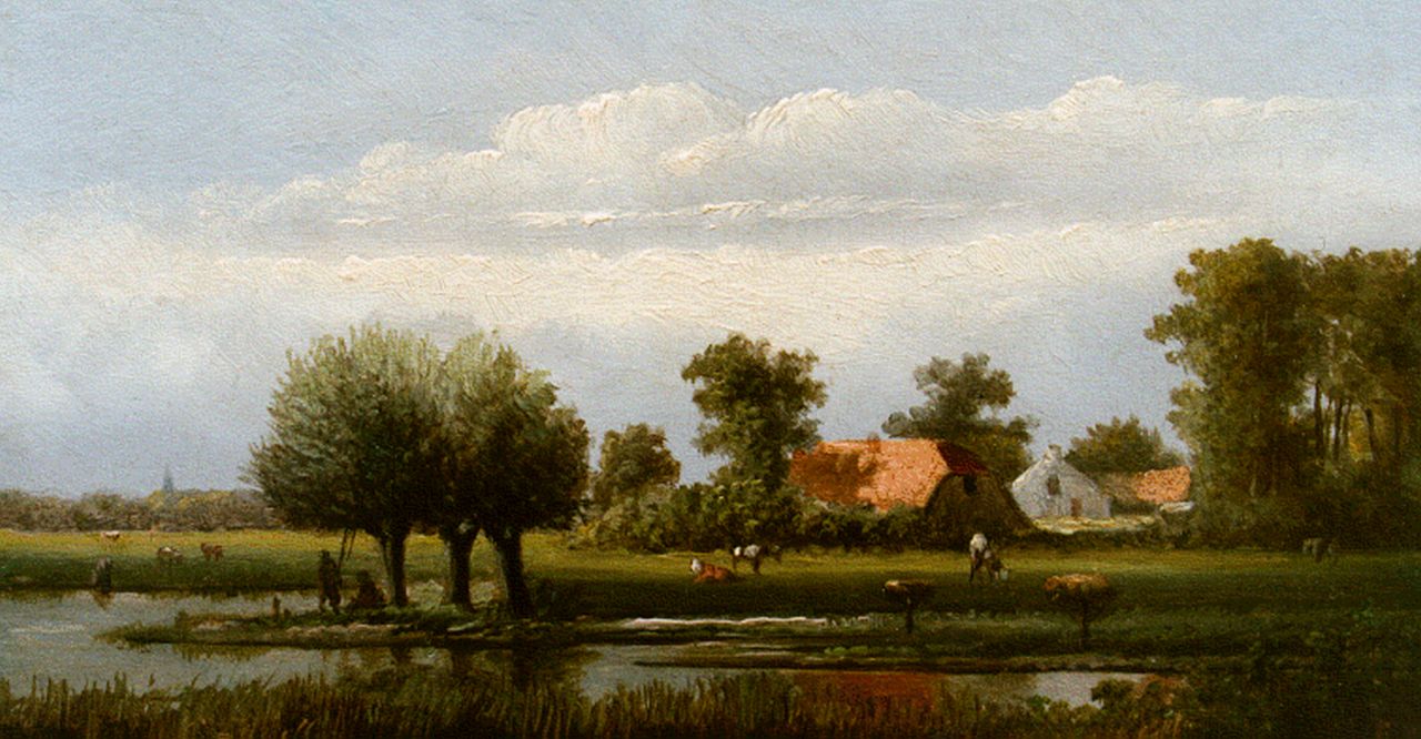 Landler G.  | Landler, Zomers landschap met vee, olieverf op paneel 11,1 x 21,1 cm, gesigneerd verso