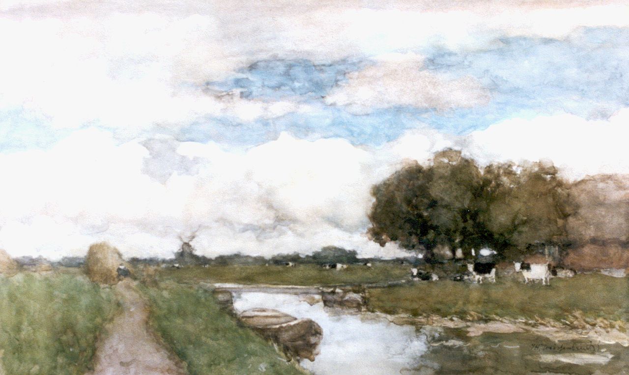 Weissenbruch H.J.  | Hendrik Johannes 'J.H.' Weissenbruch, Koeien in polderlandschap, aquarel op papier 38,0 x 61,5 cm, gesigneerd rechtsonder
