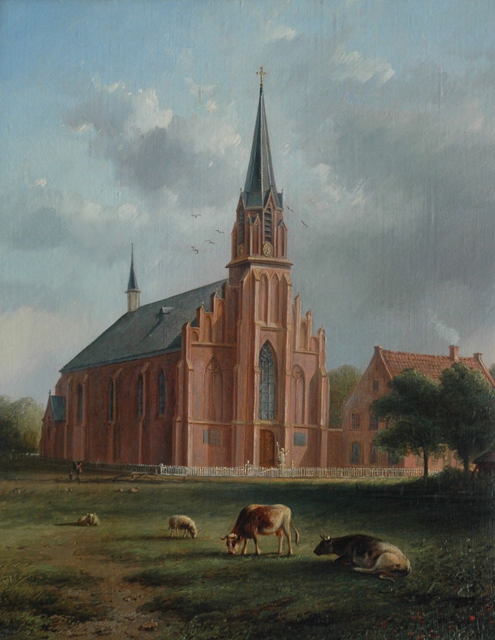 Bernardus Gerardus ten Berge | Grazend vee voor de voormalige R.K. Kerk in Egmond  (of Rijndijk), olieverf op doek, 48,3 x 39,0 cm, gesigneerd r.m.