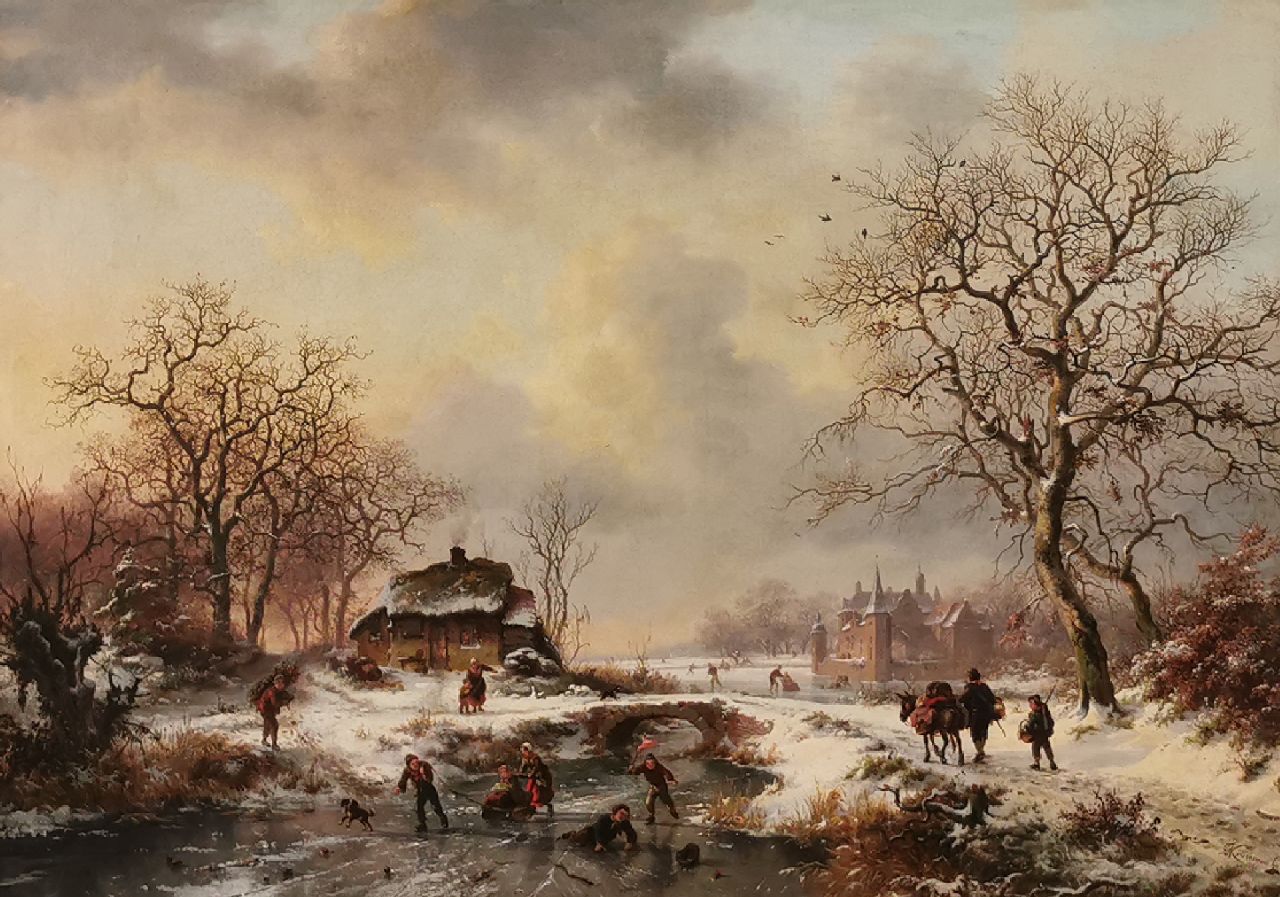 Kruseman F.M. | Frederik Marinus Kruseman, Wintergezicht met wandelaars en schaatspret, olieverf op doek 52,4 x 72,5 cm, gesigneerd rechtsonder en gedateerd 1861 Kruseman F.M. | Frederik Marinus Kruseman, Wintergezicht met wandelaars en schaatspret, olieverf op doek 52,4 x 72,5 cm, gesigneerd rechtsonder en gedateerd 1861