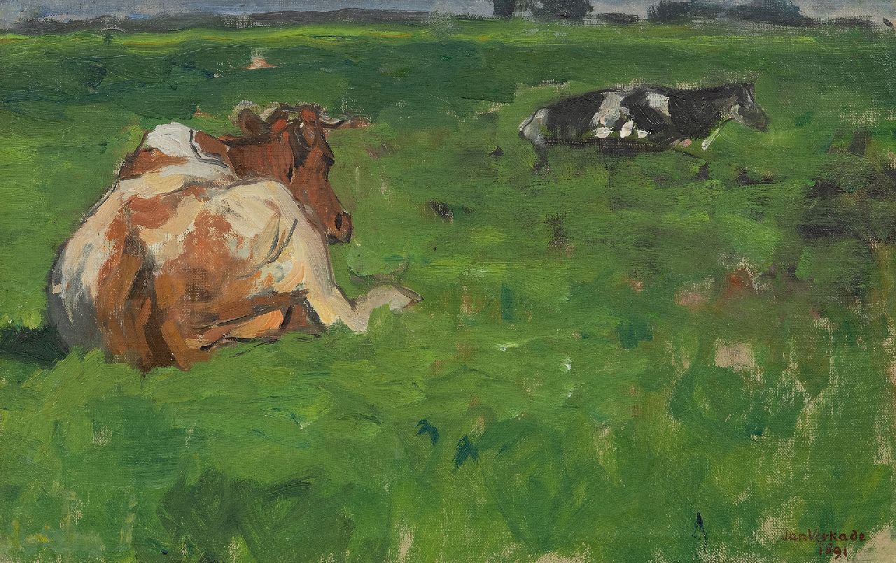 Verkade J.  | Jan Verkade | Schilderijen te koop aangeboden | Rustende koeien in een weiland, olieverf op doek 26,5 x 41,4 cm, gesigneerd rechtsonder en gedateerd 1891  GERESERVEEERD