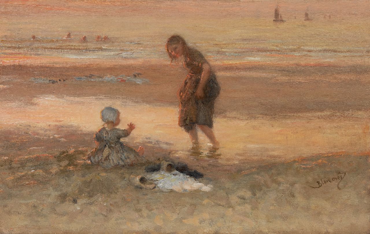 Blommers B.J.  | Bernardus Johannes Blommers | Schilderijen te koop aangeboden | Kinderen op het strand bij eb, olieverf op doek 45,2 x 71,1 cm, gesigneerd rechtsonder