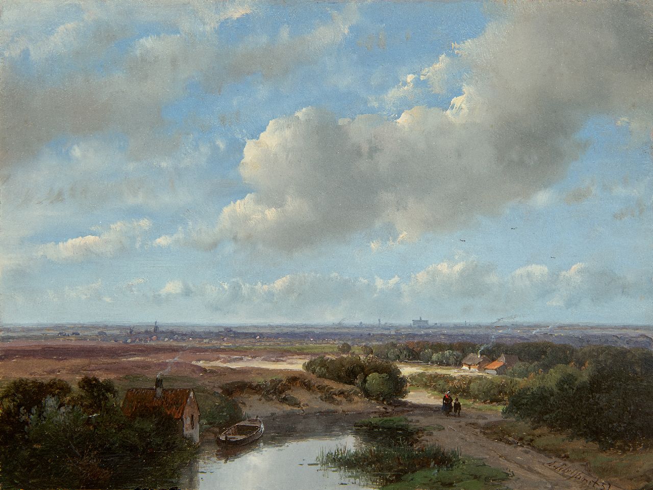 Schelfhout A.  | Andreas Schelfhout, Weids landschap met de St. Bavokerk van Haarlem en een stoomtrein aan de horizon, olieverf op paneel 17,3 x 22,9 cm, gesigneerd rechtsonder en gedateerd '57
