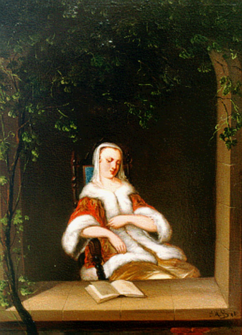 Johannes Mattheus Bogman | Lezende vrouw bij het venster, olieverf op paneel, 25,1 x 18,5 cm, gesigneerd r.o. en gedateerd '58