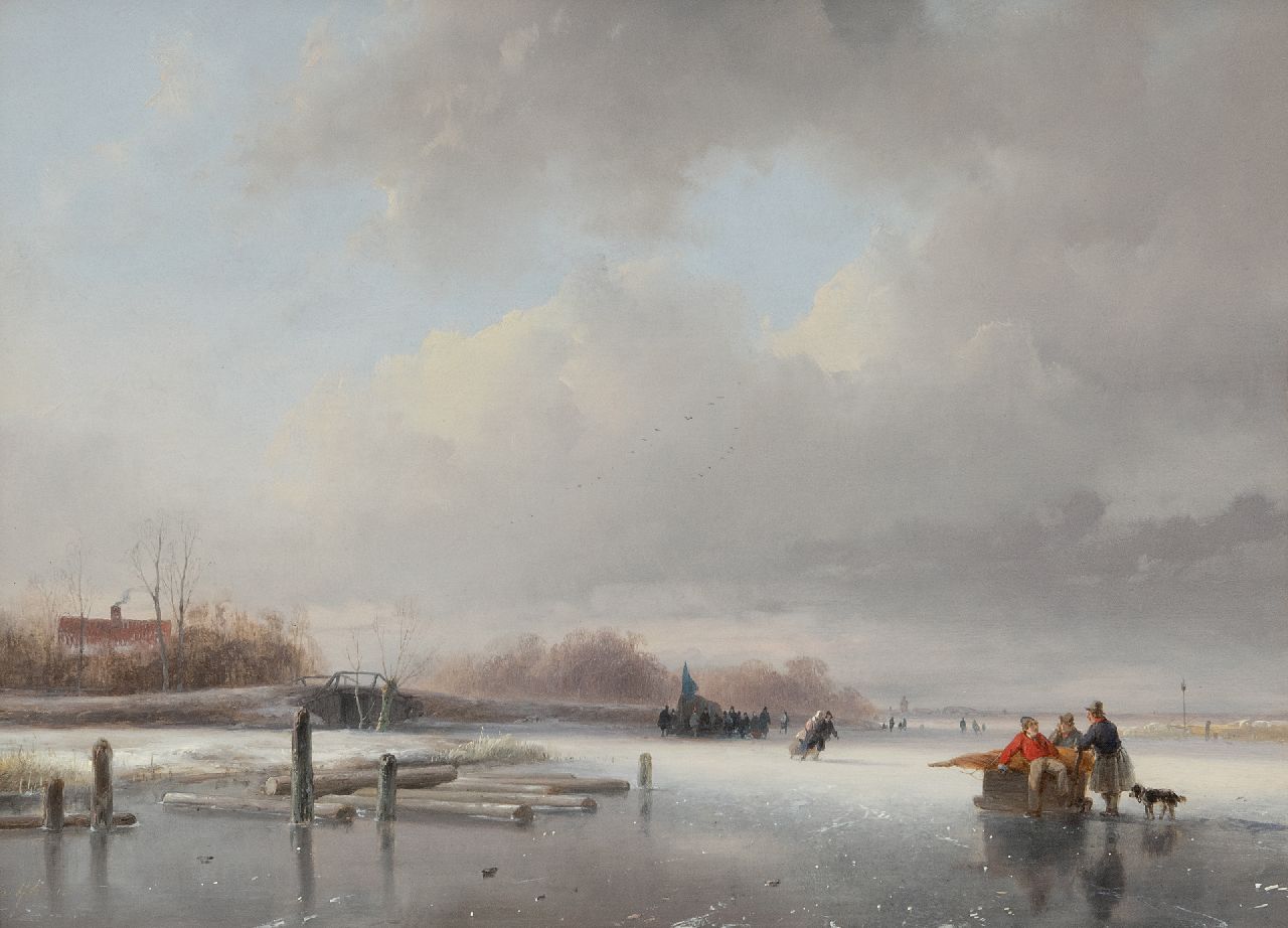 Schelfhout A.  | Andreas Schelfhout, Bevroren rivier met schaatsers en een koek-en-zopie, olieverf op paneel 29,5 x 39,7 cm, gesigneerd linksonder en te dateren ca. 1832-1834