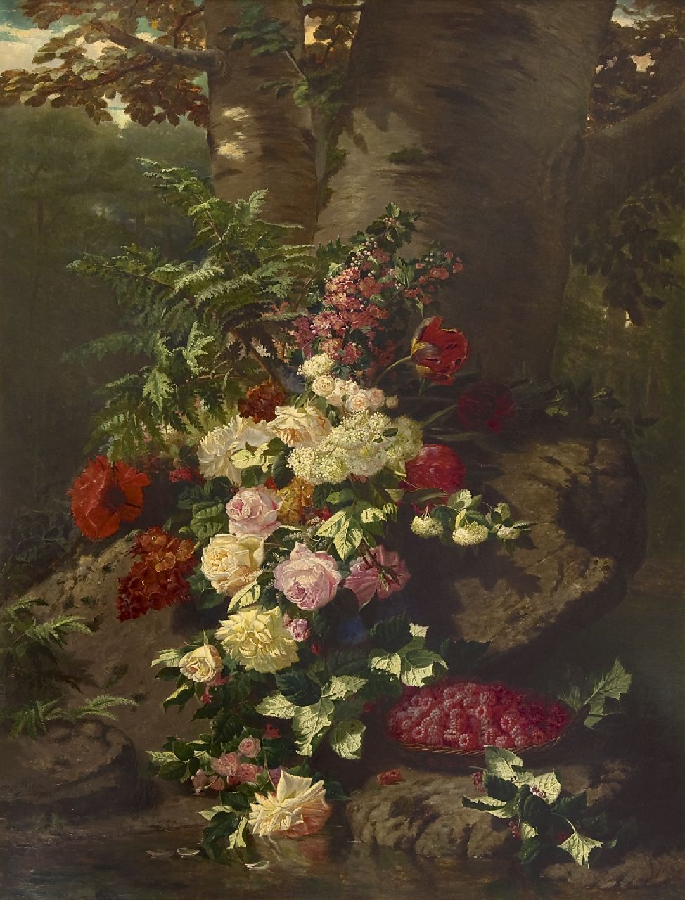 Robie J.B.  | Jean-Baptiste Robie | Schilderijen te koop aangeboden | Bloemstilleven met rozen, bloeiende takken en frambozen, olieverf op doek 137,7 x 106,0 cm, gesigneerd linksonder en gedateerd 'Bruxelles' 1864