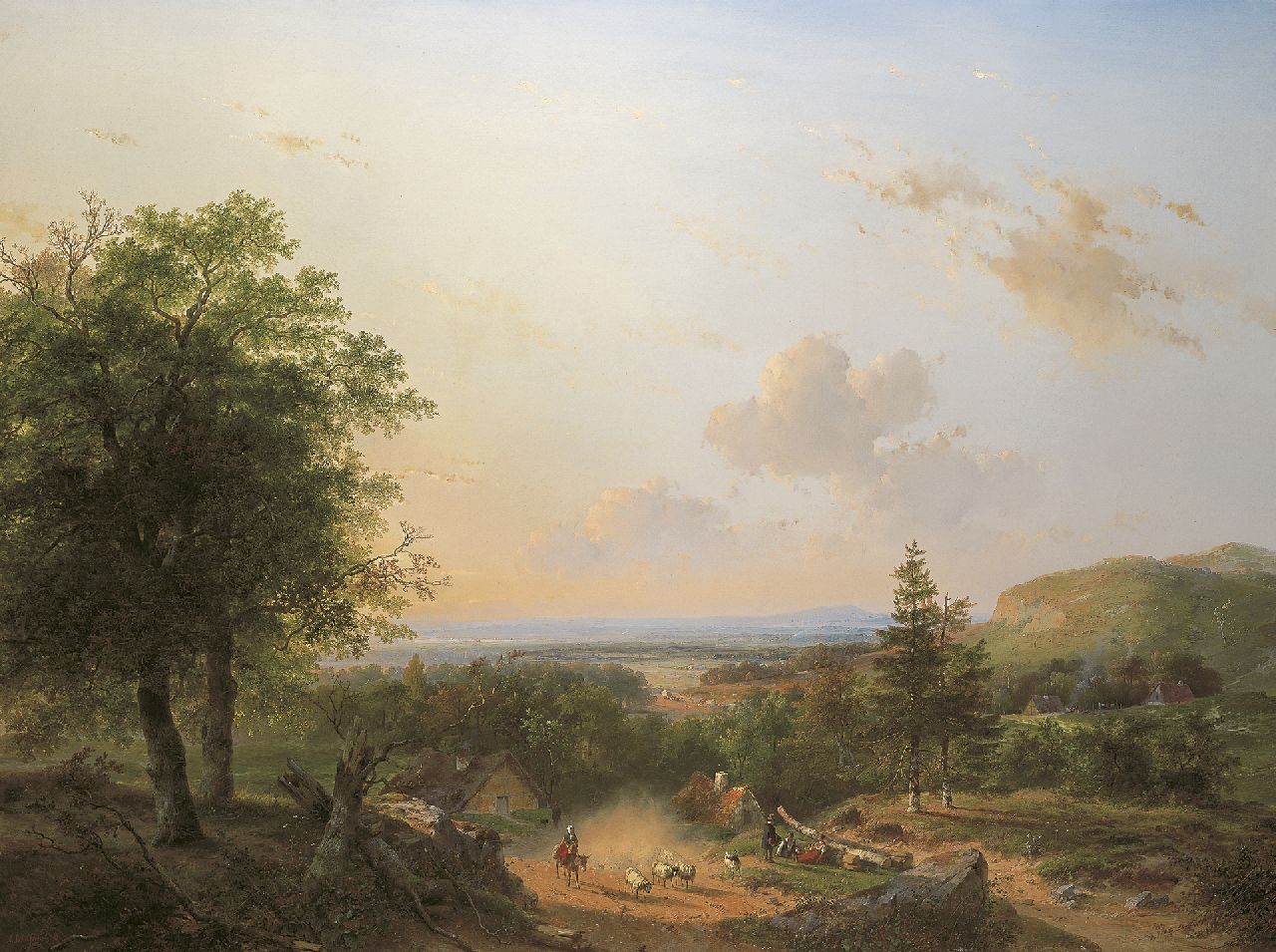 Schelfhout A.  | Andreas Schelfhout | Schilderijen te koop aangeboden | Schapenhoedster met kudde in een glooiend zomerlandschap, olieverf op doek 110,4 x 146,0 cm, gesigneerd linksonder en gedateerd 1849