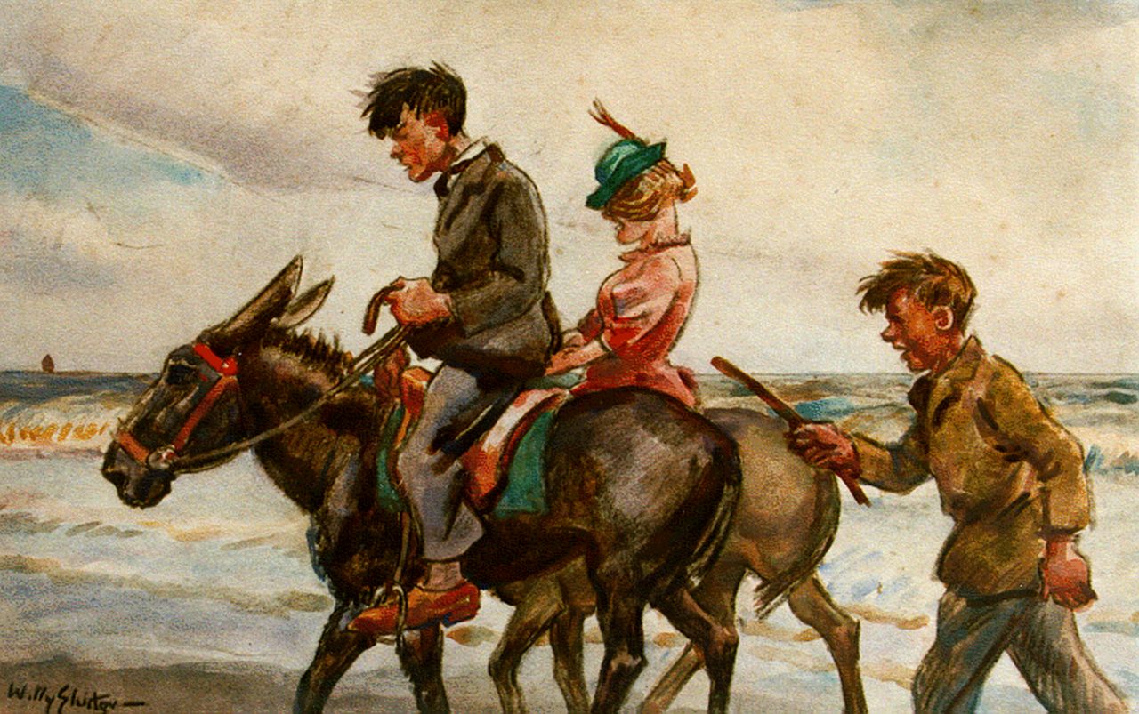 Sluiter J.W.  | Jan Willem 'Willy' Sluiter, Ezeltje rijden op het strand, aquarel op papier 26,3 x 39,8 cm, gesigneerd linksonder