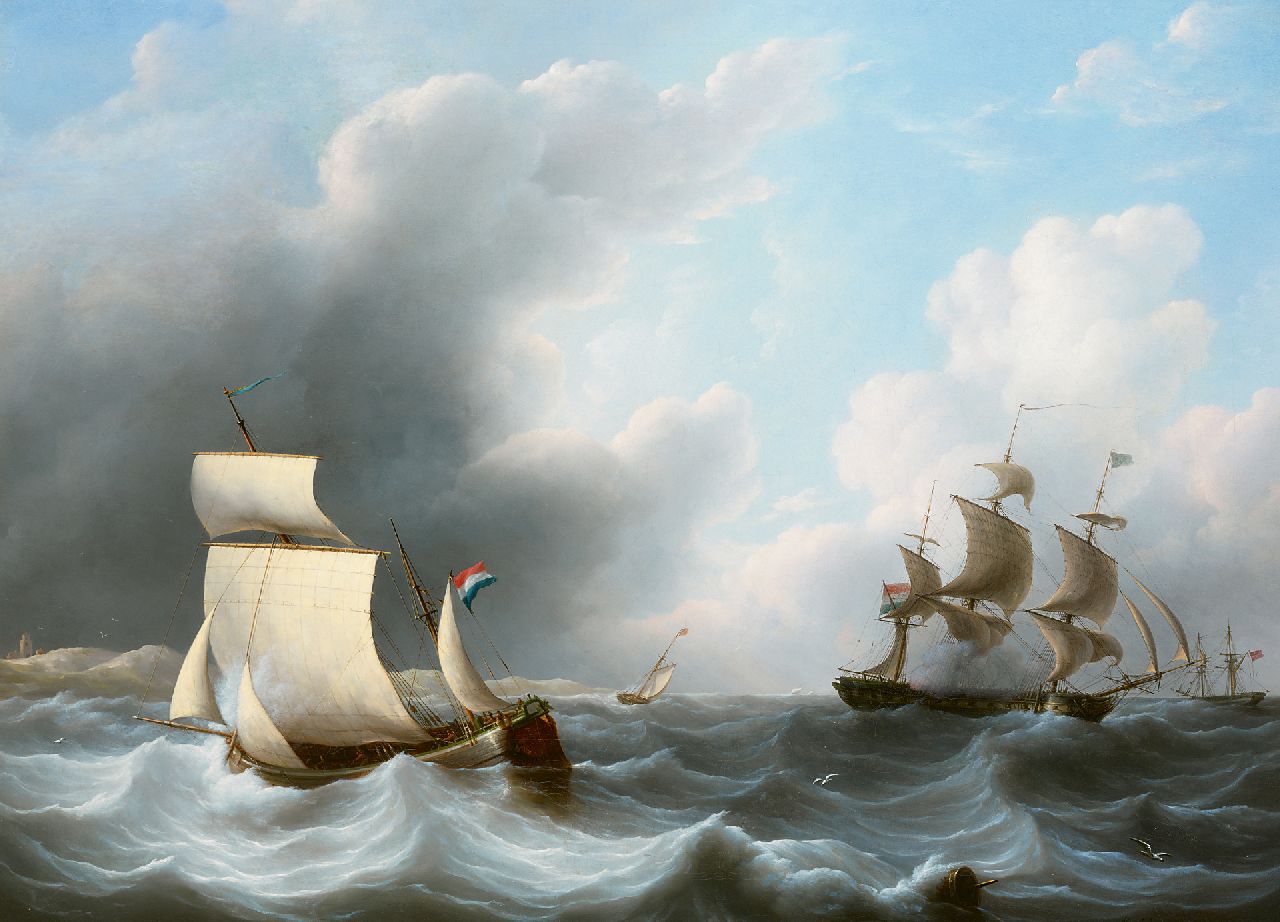 Martinus Schouman | Zeegezicht met kofschip en fregat, olieverf op doek, 72,0 x 98,5 cm, gesigneerd r.o. en te dateren ca. 1810-1820