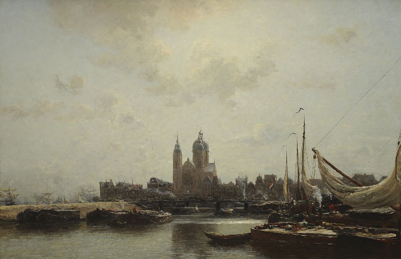 Wijsmuller J.H.  | Jan Hillebrand Wijsmuller | Schilderijen te koop aangeboden | Amsterdams havengezicht met de St. Nicolaaskerk, olieverf op doek 99,5 x 149,8 cm, gesigneerd rechtsonder