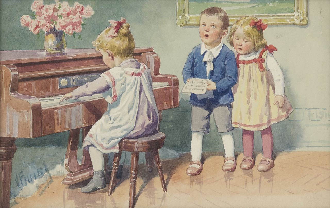 Feiertag K.  | Karl Feiertag | Aquarellen en tekeningen te koop aangeboden | Het huisconcert, aquarel op papier 17,9 x 27,9 cm, gesigneerd linksonder